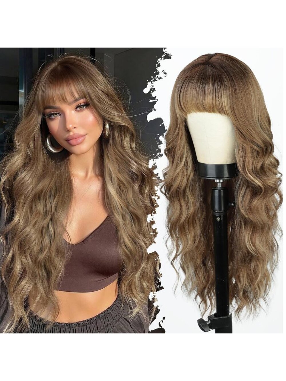 Women's Brown mix Blonde Highlight Long Natural Looking Wavy Curly Wig with Bang
